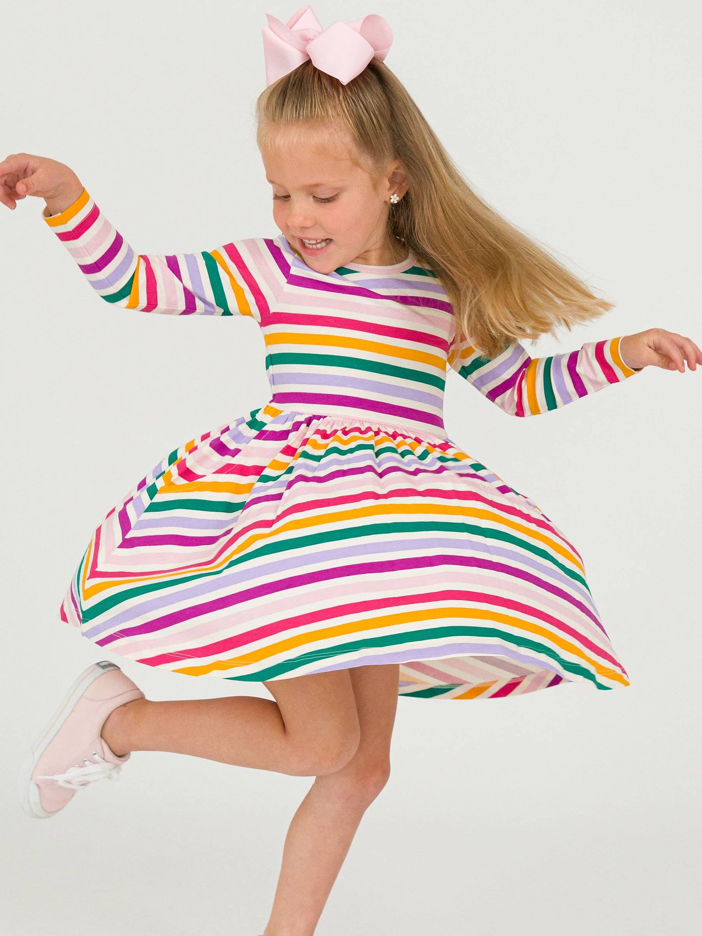 Girls Colorful Rainbow Stripe Knit Long Sleeve Twirl Dress