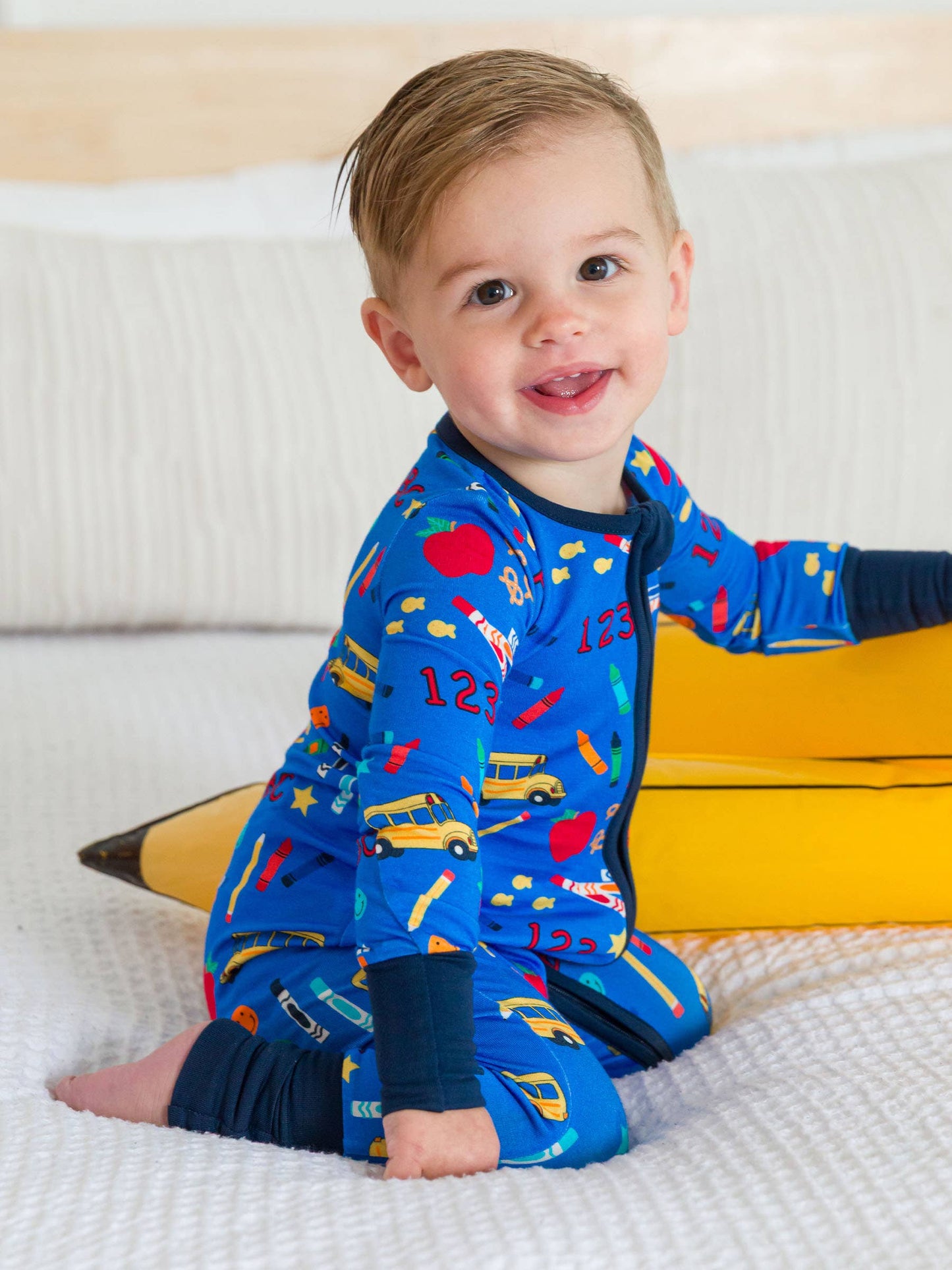 Baby Blue School House Bamboo Viscose Convertible One Piece Footie Pajama
