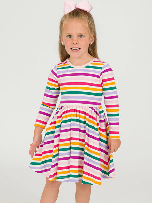 Girls Colorful Rainbow Stripe Knit Long Sleeve Twirl Dress