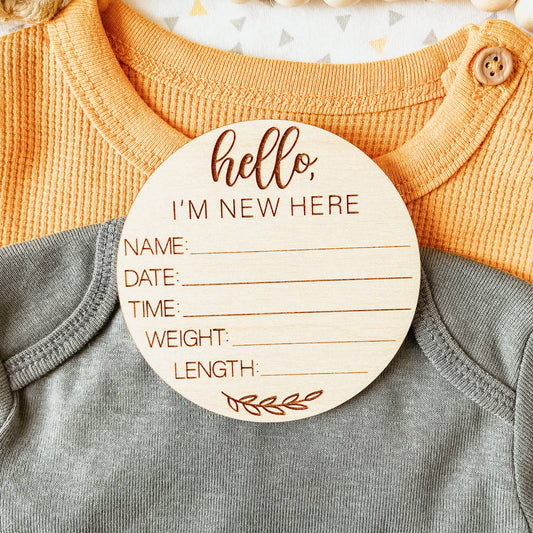 Baby Birth Announcement Sign - Hello World Round With Branch