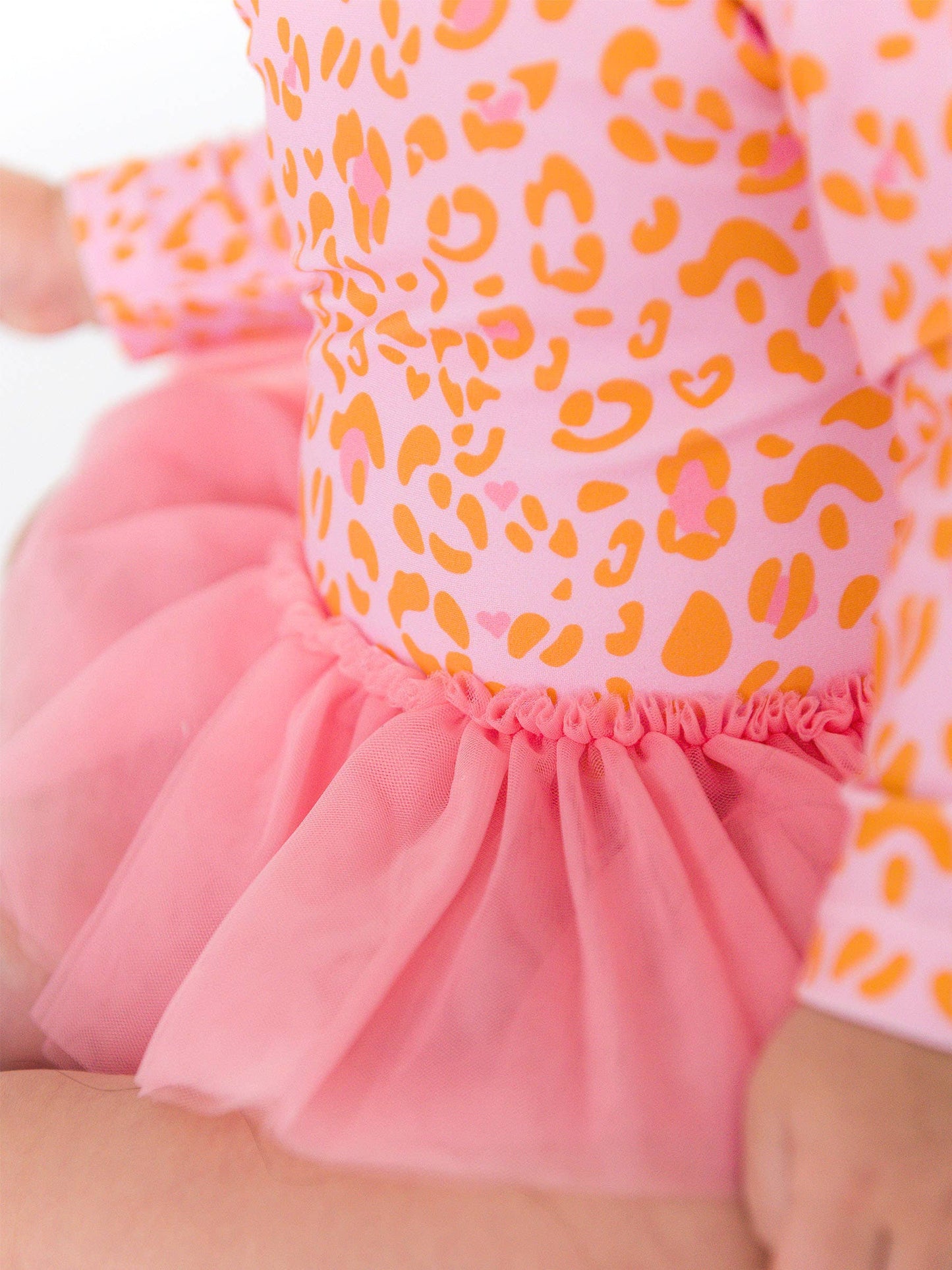 RuffleButts + RuggedButts - Baby Girls Pink Leopard Tulle Skirted One Piece Rash Guard Swimsuit