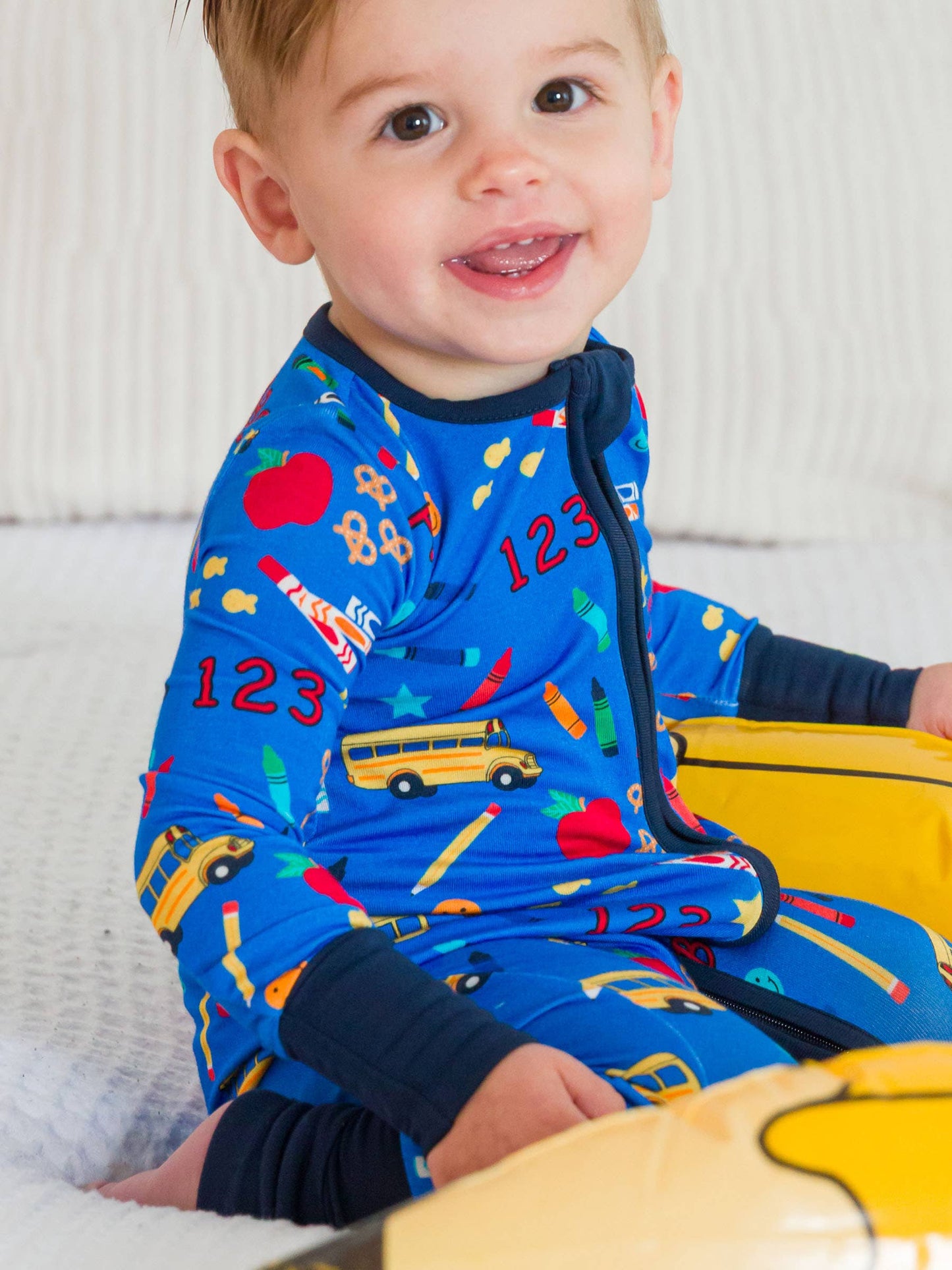 Baby Blue School House Bamboo Viscose Convertible One Piece Footie Pajama