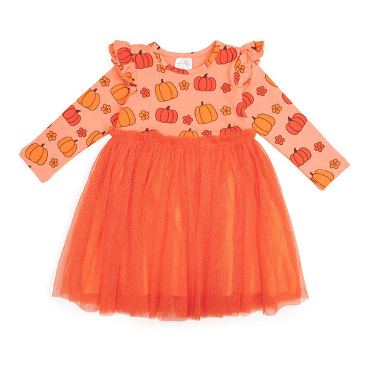 Pumpkin Daisy Orange Long Sleeve Tutu Dress