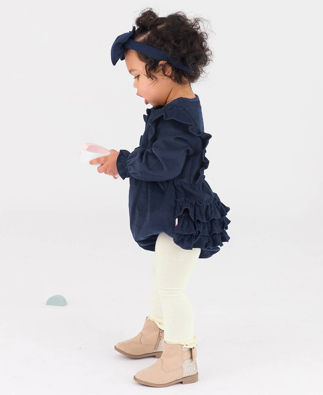 Baby Girls Dark Navy Stretch Corduroy Waterfall Bubble Romper