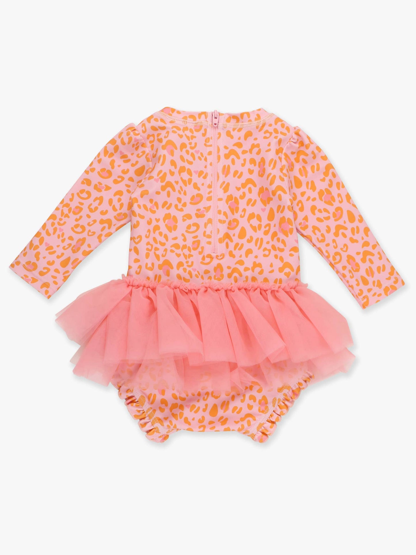 RuffleButts + RuggedButts - Baby Girls Pink Leopard Tulle Skirted One Piece Rash Guard Swimsuit
