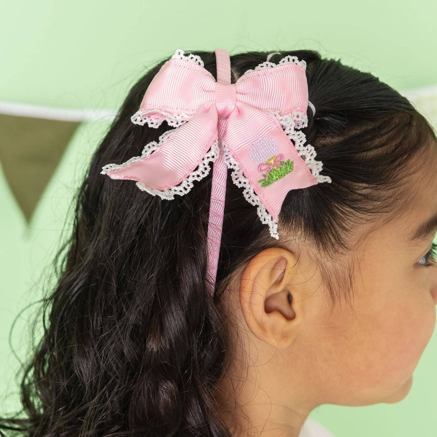 Golf Tee Embroidered Lace Bow Headband - Kids Hair Accessory