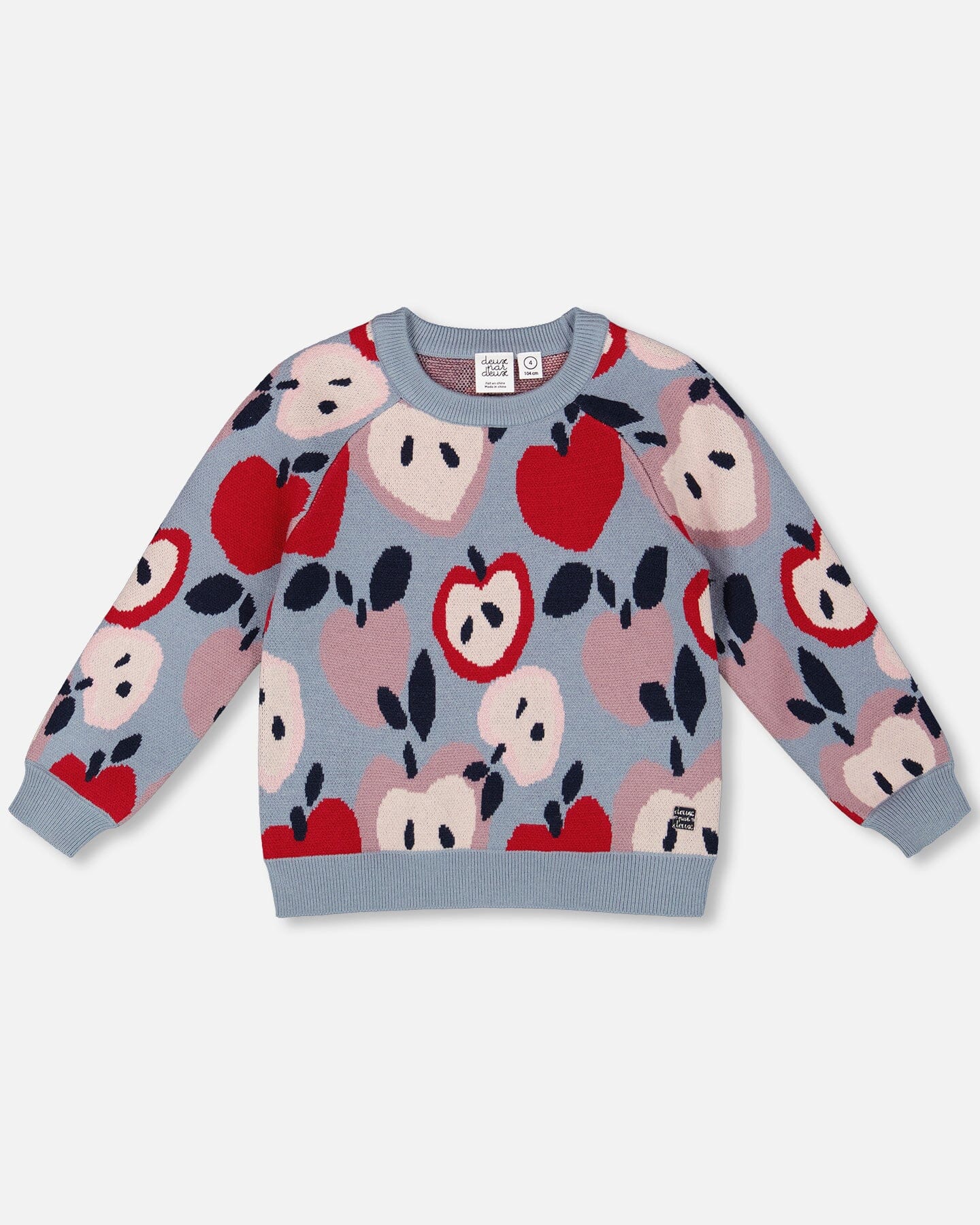 Knit Sweater Blue And Red With Apple Heart Jacquard