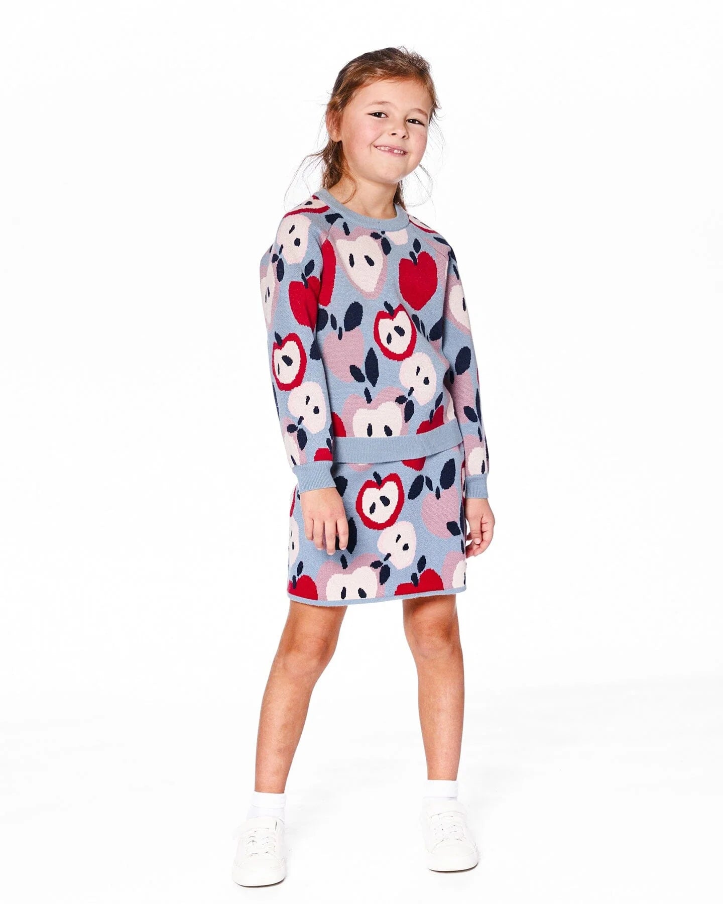 Knit Sweater Blue And Red With Apple Heart Jacquard