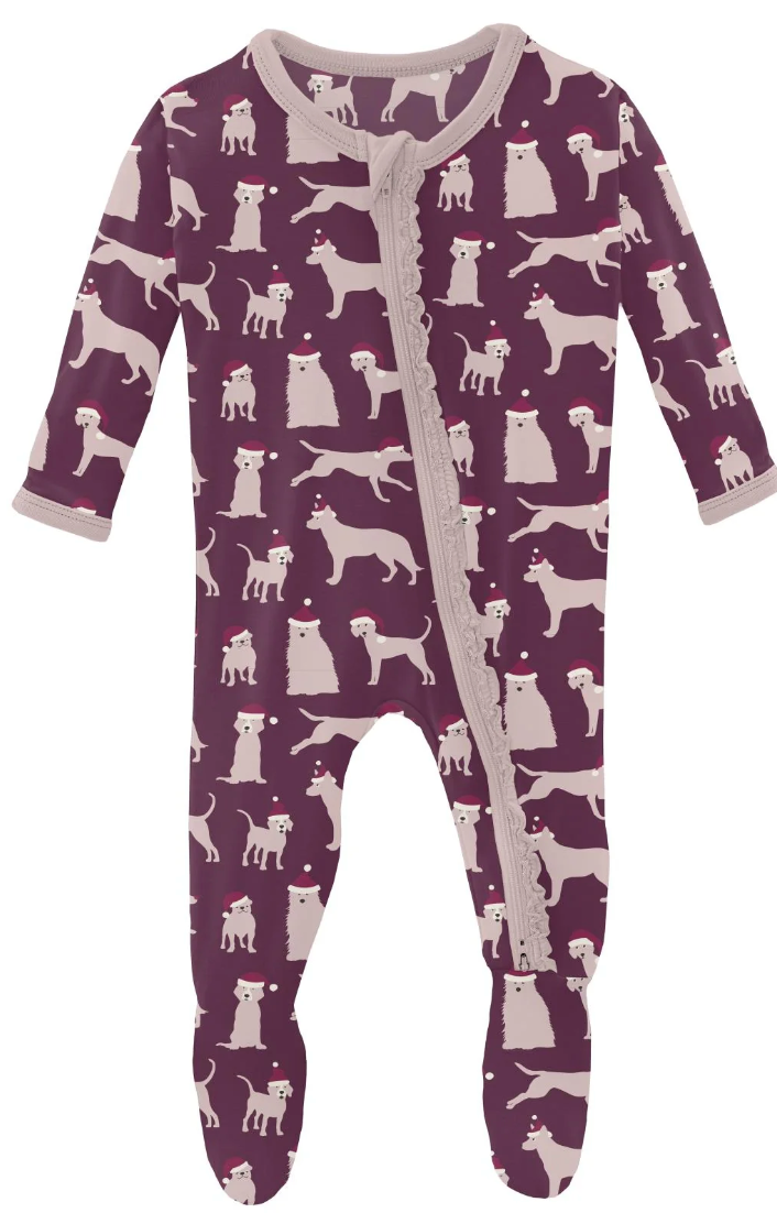 Print Muffin Ruffle Footie with 2 Way Zipper in Melody Santa Dogs