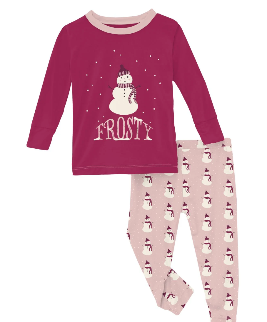 Long Sleeve Graphic Tee Pajama Set in Baby Rose Tiny Snowman