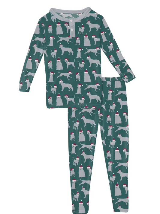 Print Long Sleeve Henley Pajama Set in Cedar Santa Dogs