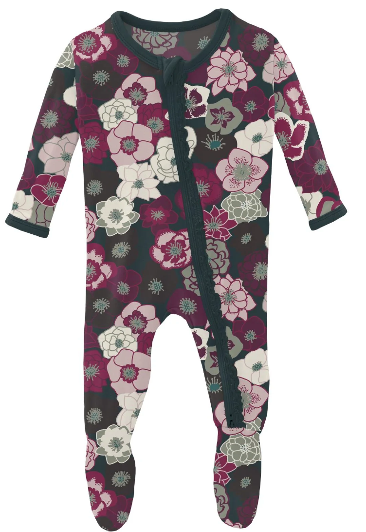 Hellebores Print Muffin Ruffle Footie with 2 Way Zipper