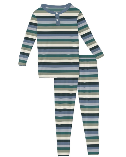 Snowy Stripe Print Long Sleeve Henley Pajama Set