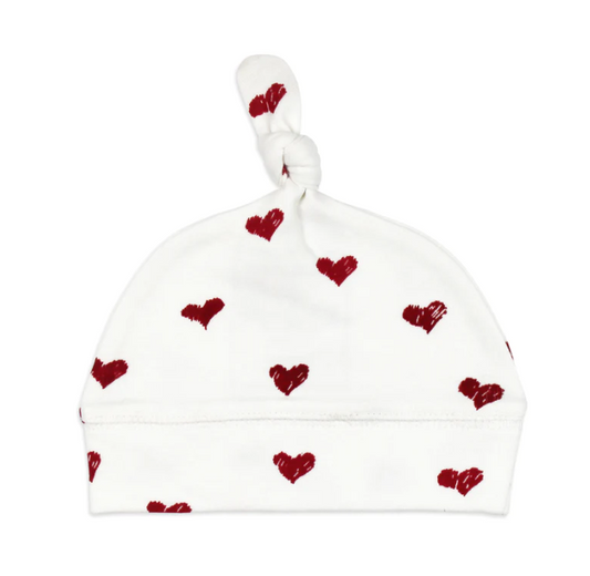 Organic Banded Top-Knot Hat in Crimson Hearts