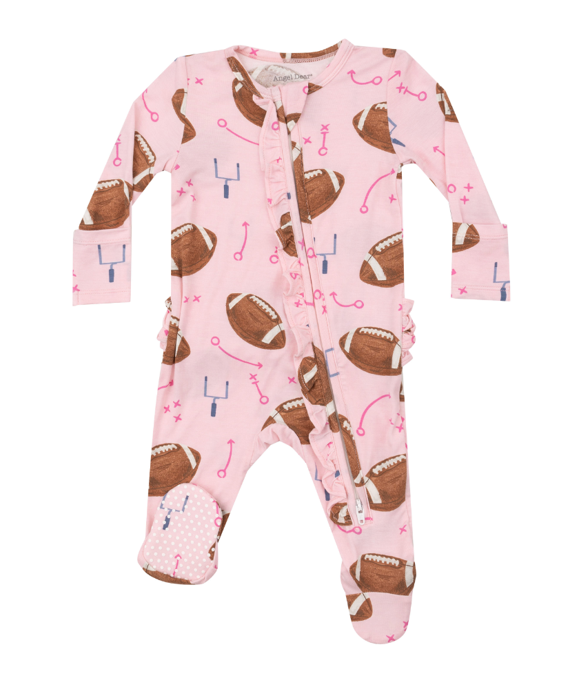 Footballs Pink - 2 Way Ruffle Zipper Footie