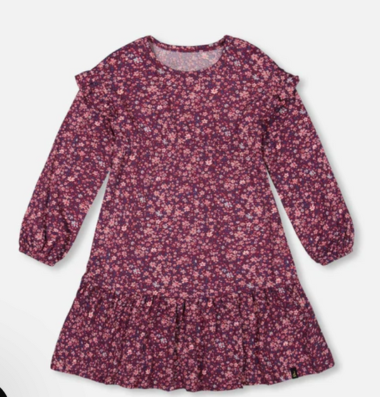 Dress With Frills Burgundy Printed Little Flowers