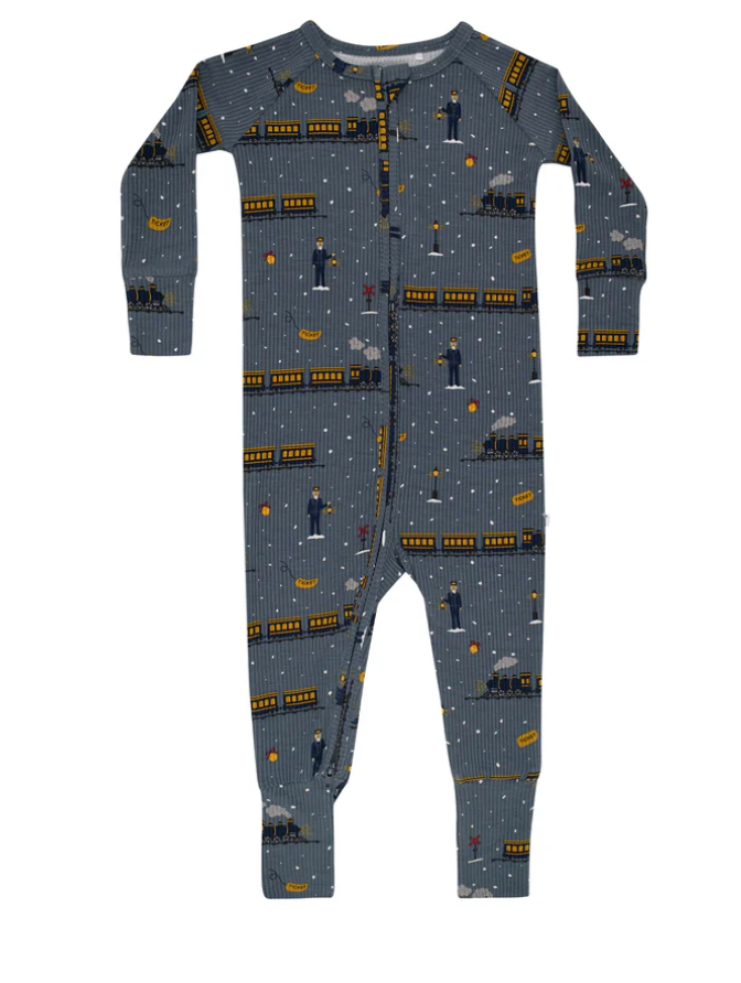 Polar Express Trains Small Ribbed Zip Romper