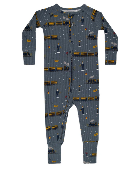 Polar Express Trains Small Ribbed Zip Romper