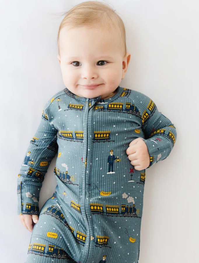 Polar Express Trains Small Ribbed Zip Romper