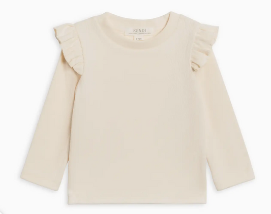 Gaby Ribbed Ivory Ruffle Long Sleeve Top