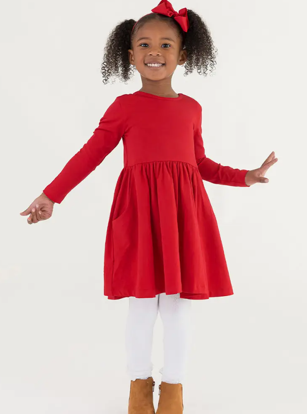 Girls Red Knit Long Sleeve Twirl Dress