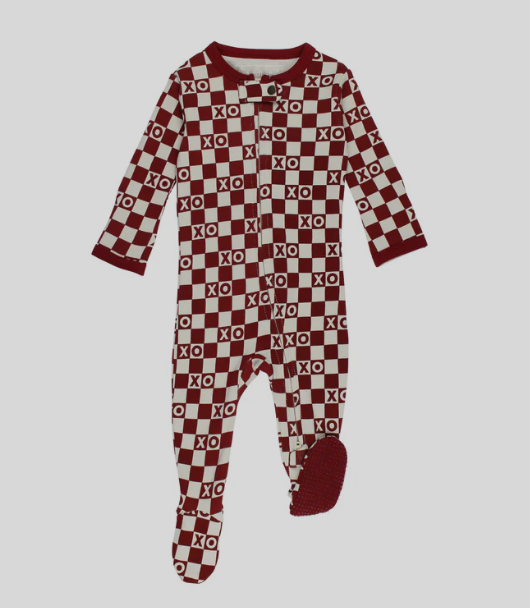 Organic 2-Way Zipper Footie in Crimson XO Checker