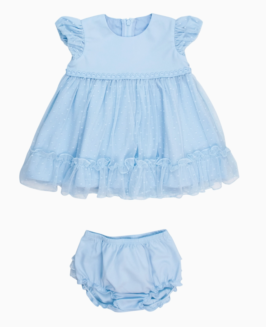 Baby Girls Light Blue Dotted Tulle Dress & Rufflebutt Set