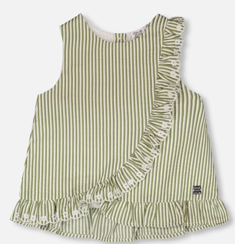Top Green & Off White Stripes With Embroidered Ruffle