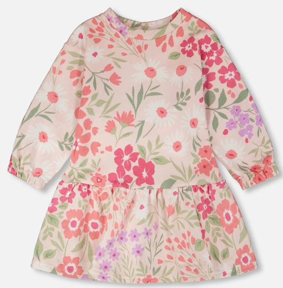 French Terry Dress || Pink Printed Flowers