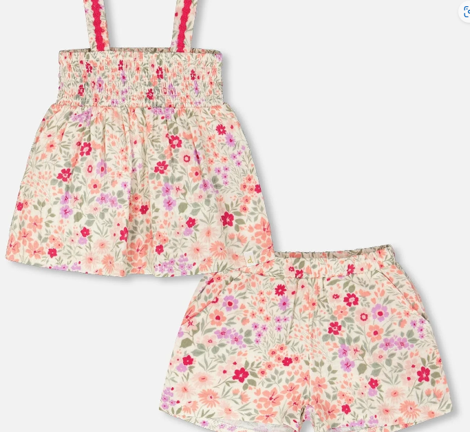 Tank Top With Smocking And Shorts Set In Muslin Off White Printed Flowers