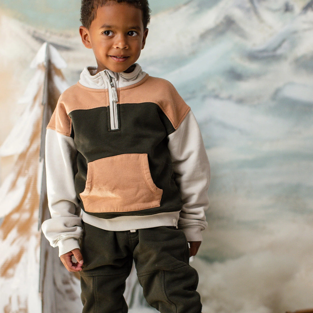 Quarter Zip Boy Collar Sweatshirt Set - Shadow