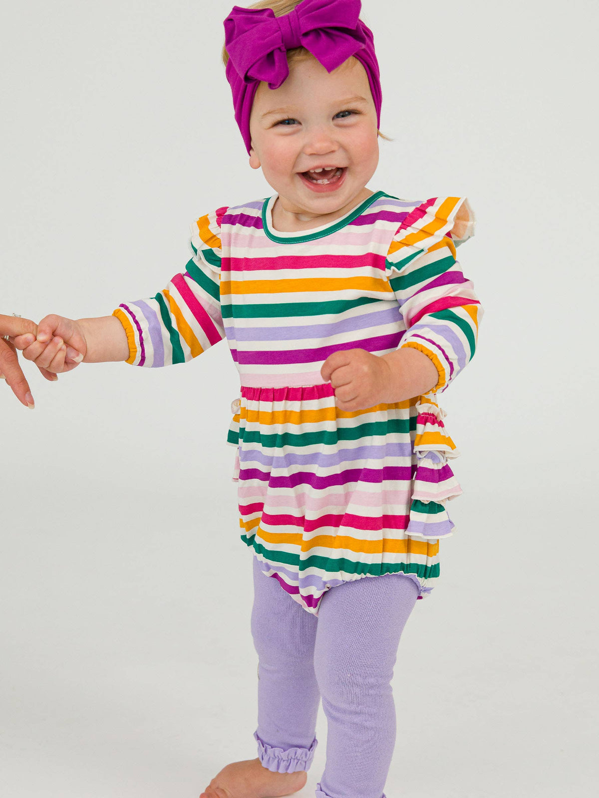 Baby Girls Colorful Rainbow Stripe Knit Long Sleeve Flutter Bubble Romper