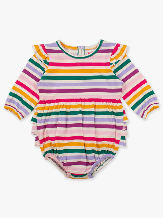 Baby Girls Colorful Rainbow Stripe Knit Long Sleeve Flutter Bubble Romper