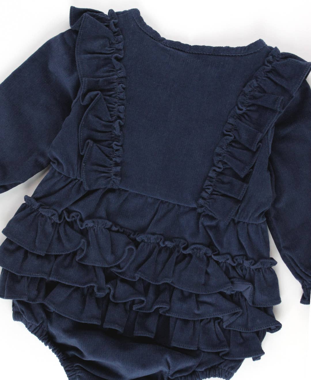 Baby Girls Dark Navy Stretch Corduroy Waterfall Bubble Romper