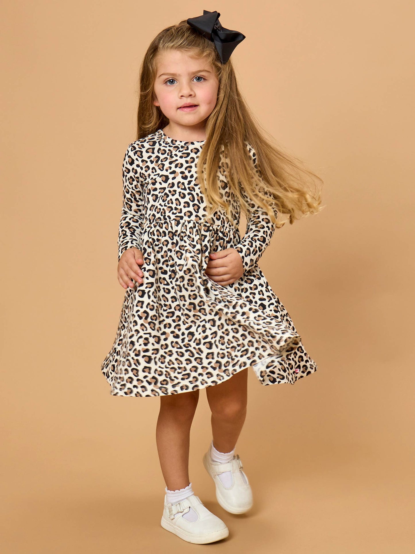 RuffleButts + RuggedButts - Girls Classic Leopard Knit Long Sleeve Twirl Dress