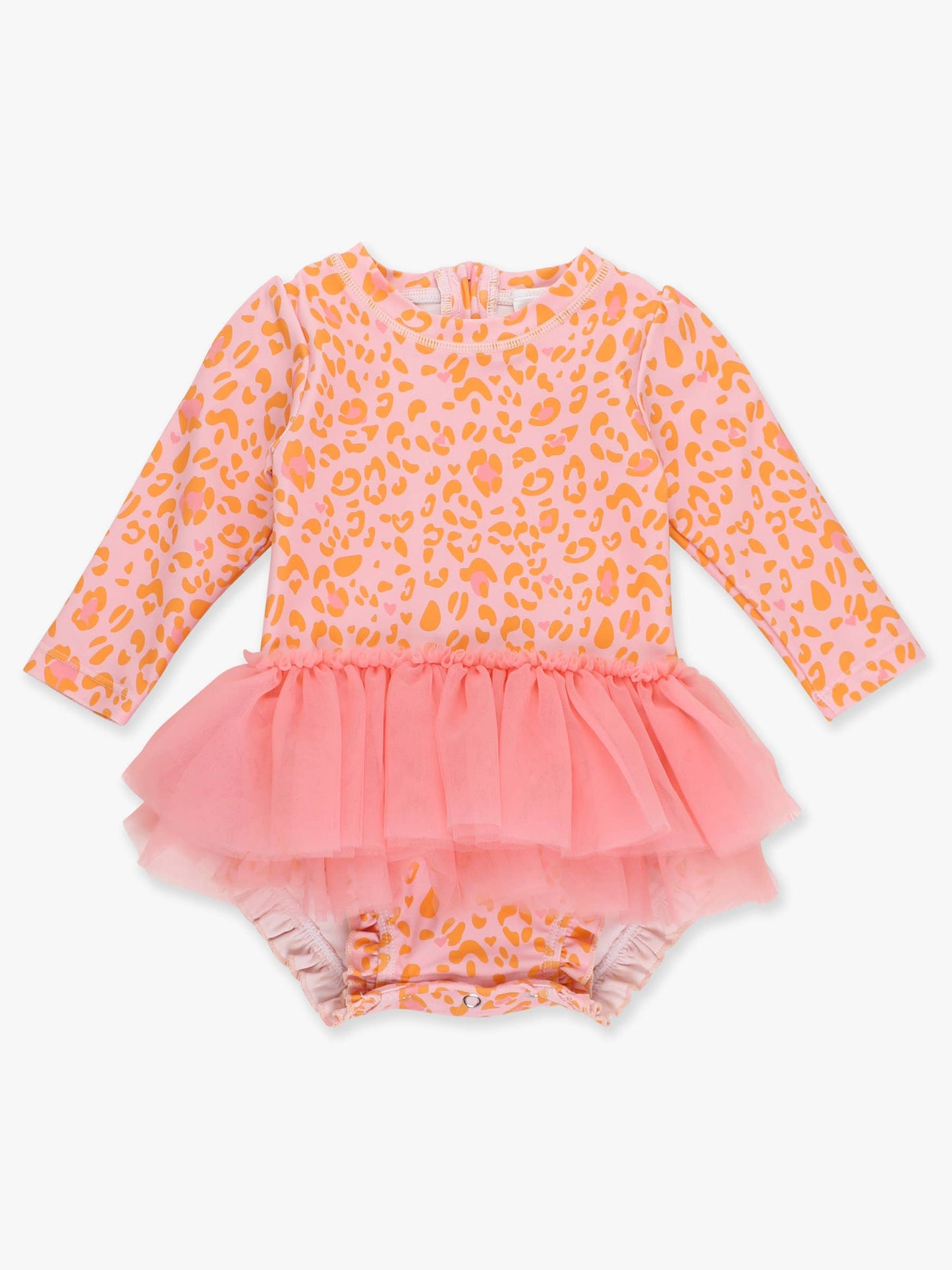 RuffleButts + RuggedButts - Baby Girls Pink Leopard Tulle Skirted One Piece Rash Guard Swimsuit