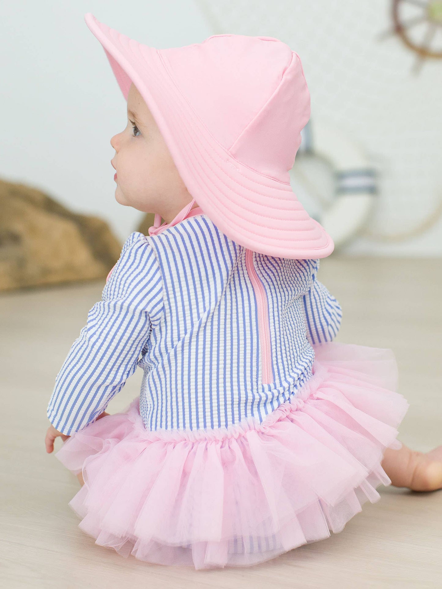 Baby Girls Periwinkle Blue Seersucker Tulle Skirted One Piece Rash Guard