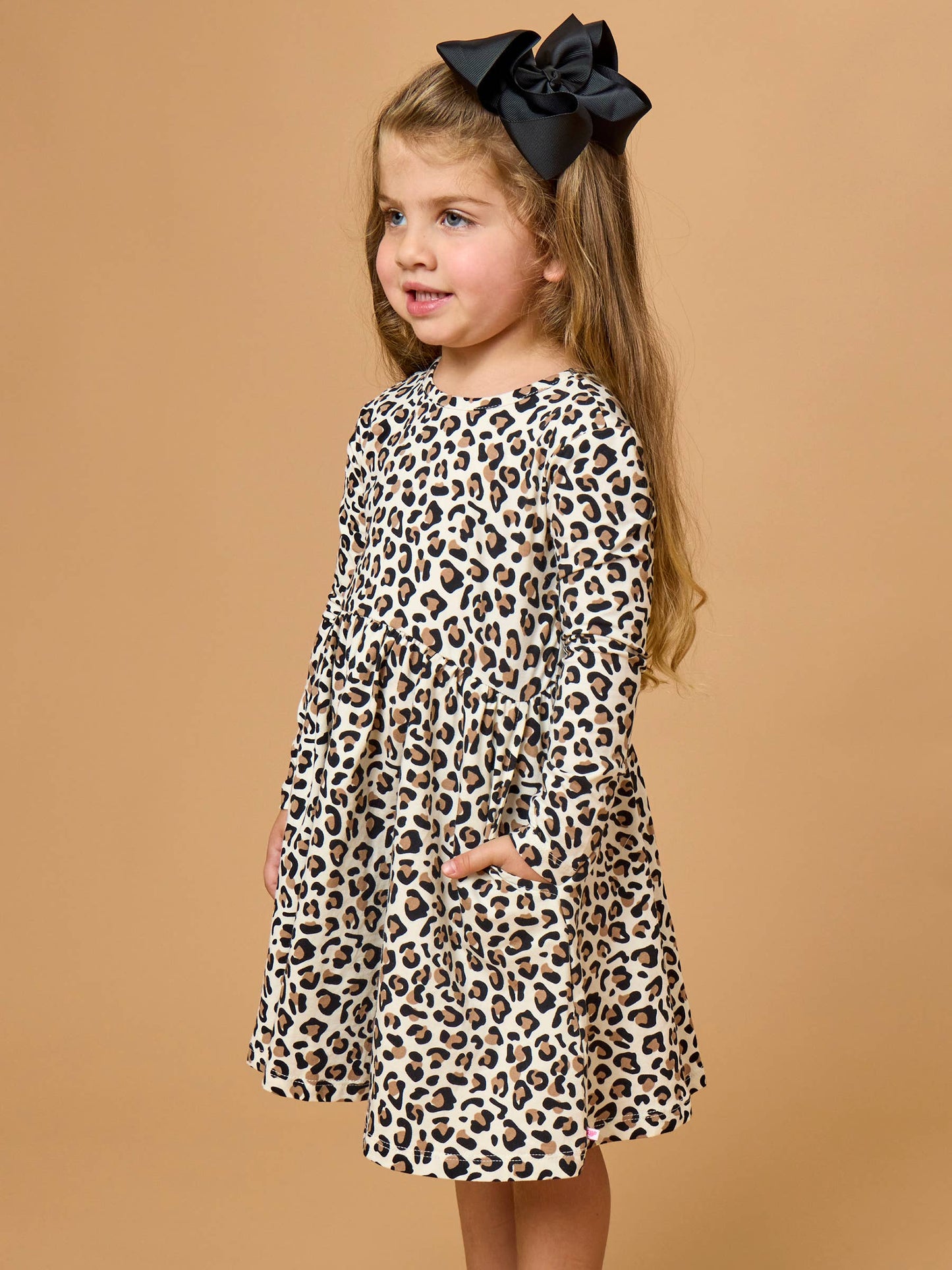 RuffleButts + RuggedButts - Girls Classic Leopard Knit Long Sleeve Twirl Dress