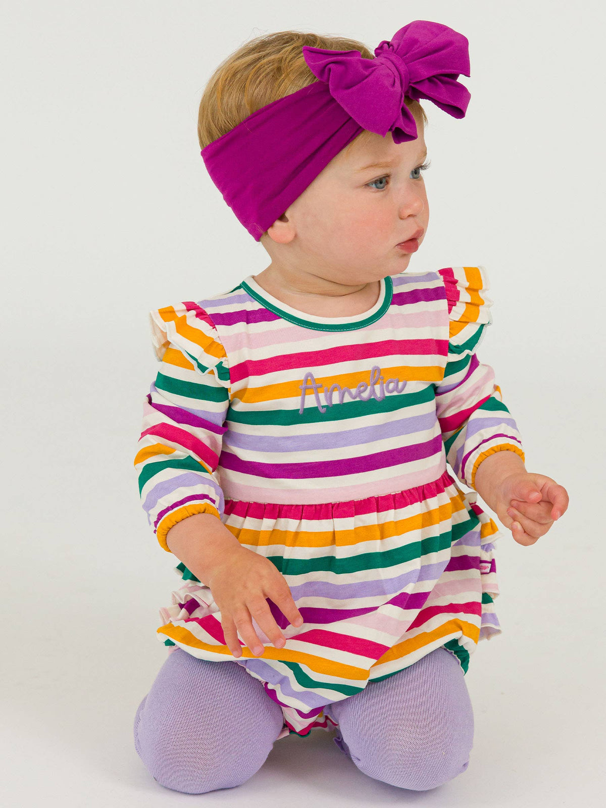 Baby Girls Colorful Rainbow Stripe Knit Long Sleeve Flutter Bubble Romper