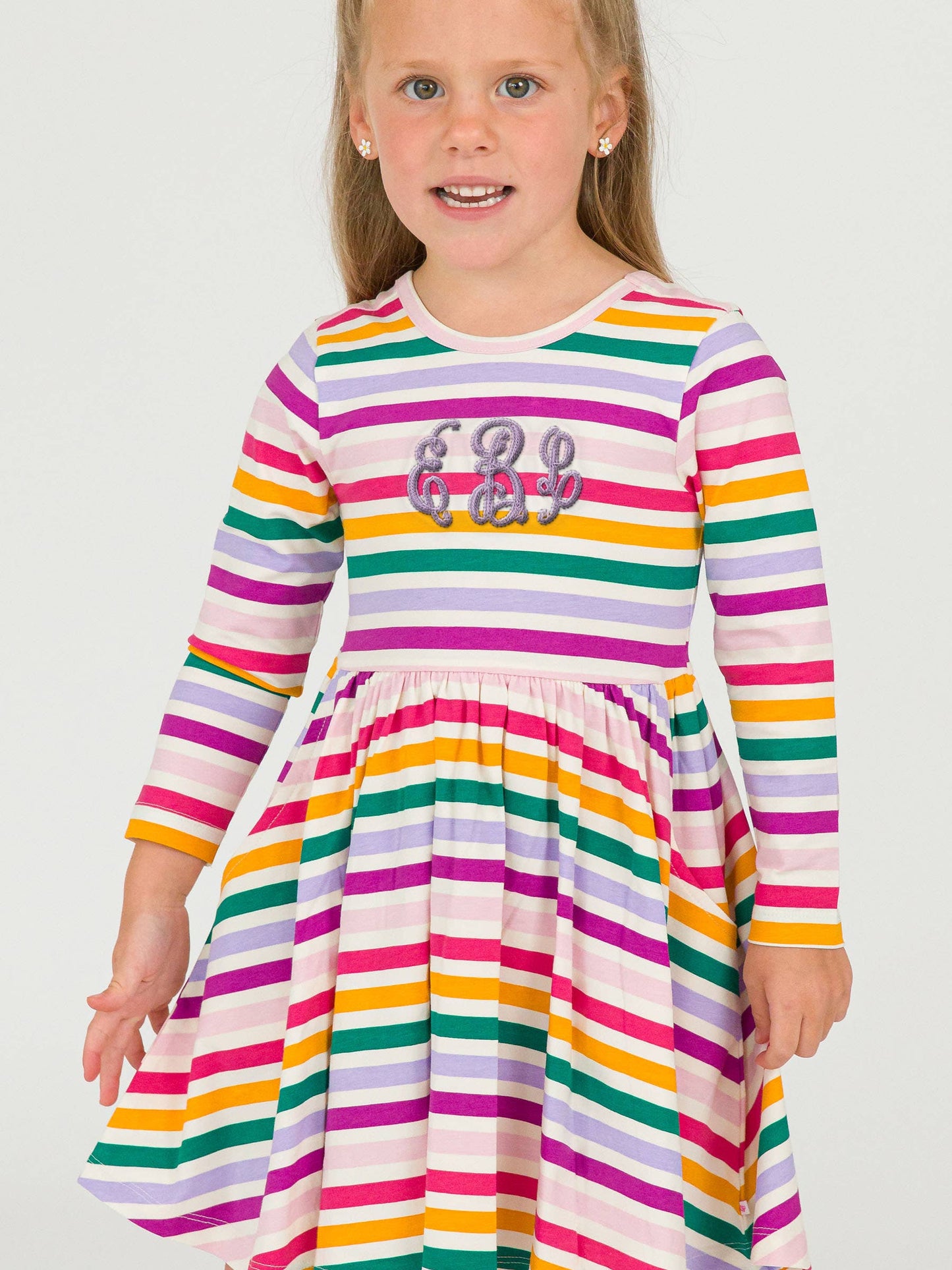 Girls Colorful Rainbow Stripe Knit Long Sleeve Twirl Dress