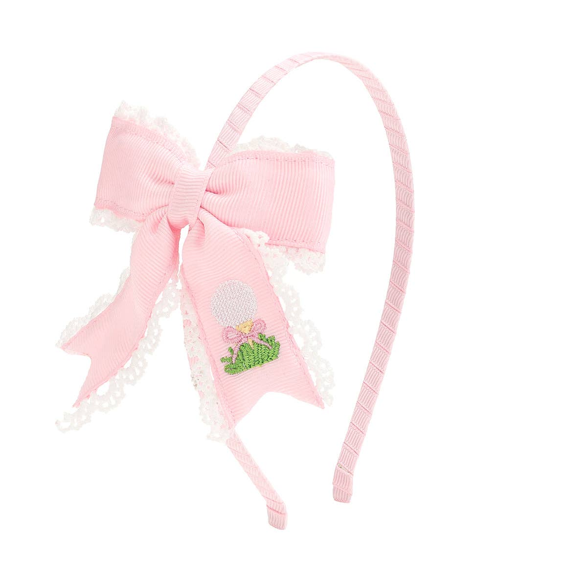 Golf Tee Embroidered Lace Bow Headband - Kids Hair Accessory
