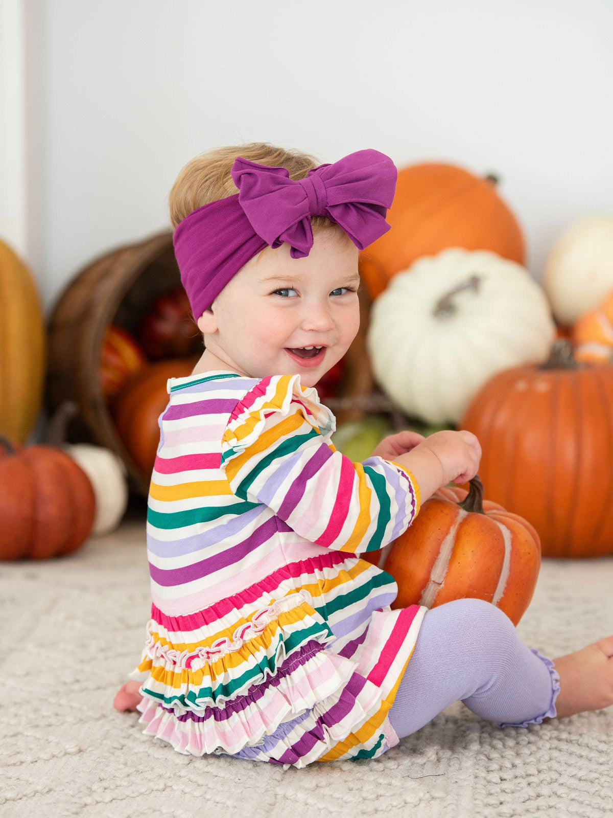 Baby Girls Colorful Rainbow Stripe Knit Long Sleeve Flutter Bubble Romper
