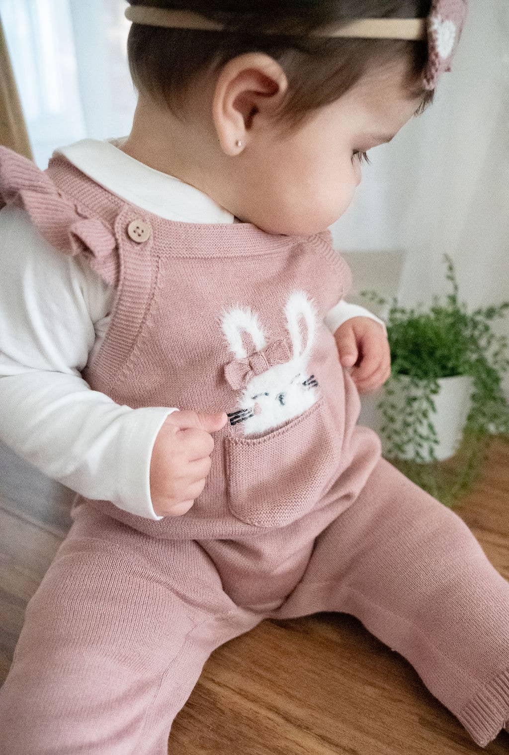 Bunny Peekaboo Ruffle Baby Girl Knit Overall Set