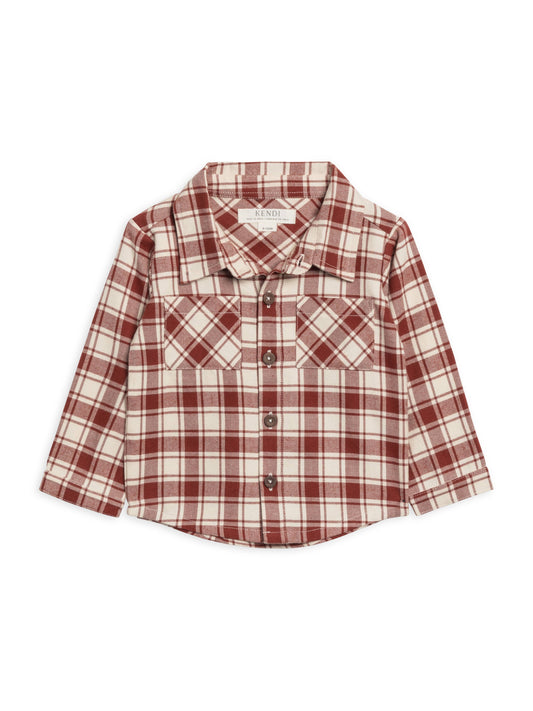 Lev Flannel Long Sleeve Collared Shirt - Garnet Plaid