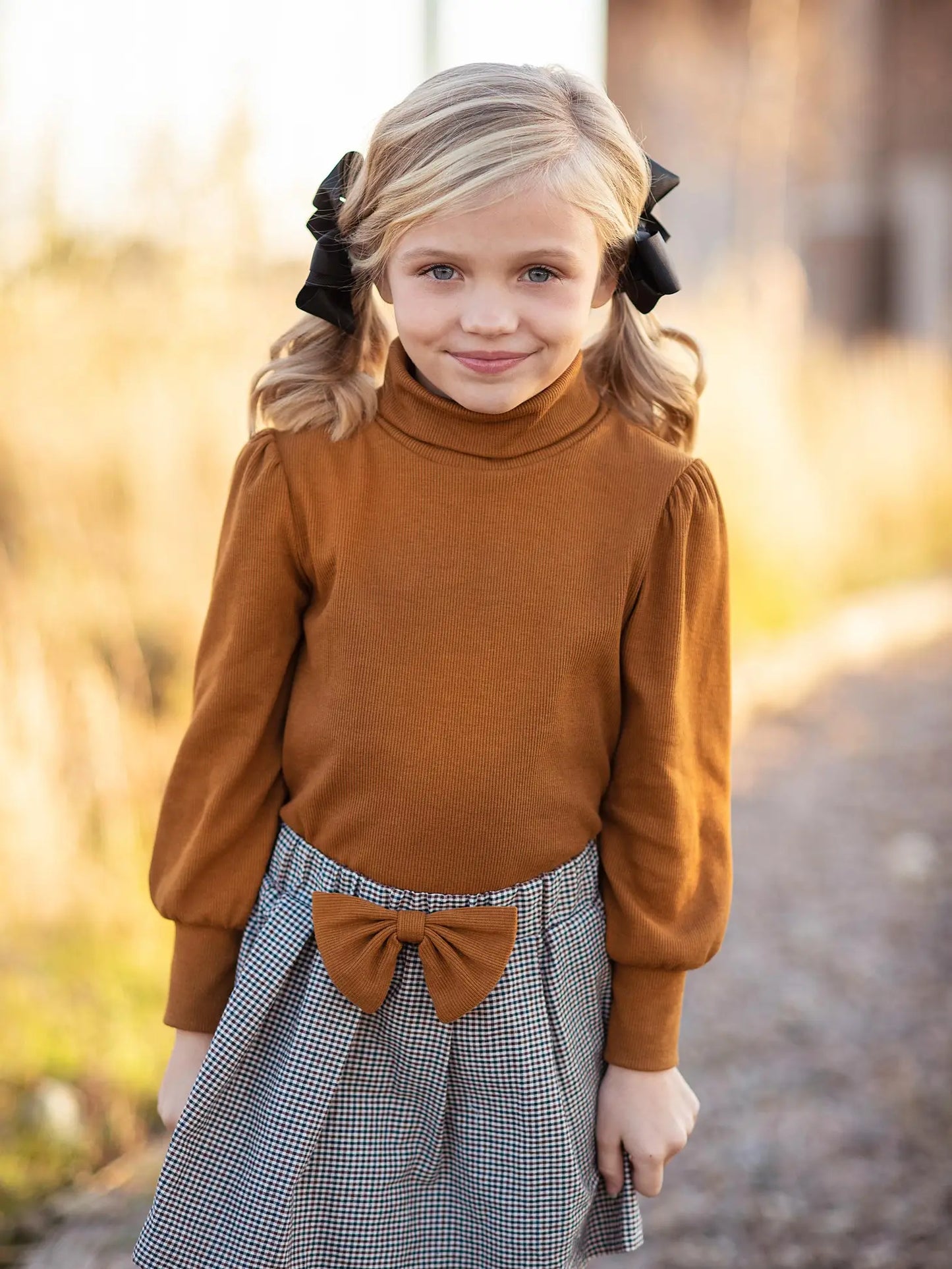 Kids Carmel Autumn Puff Sleeve Top & Bow Check Skirt Set