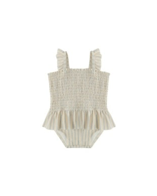 SMOCKED ONE-PIECE SWIMSUIT BLUE + BUTTERSCOTCH STRIPE