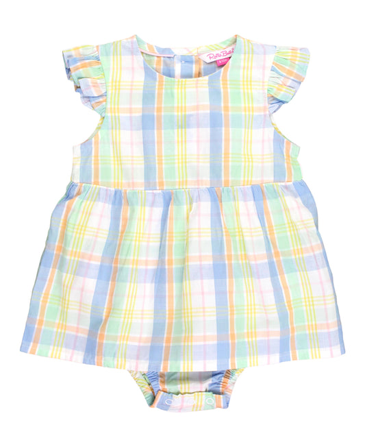 Clubhouse Rainbow Plaid Flutter Sleeve Skirted Romper