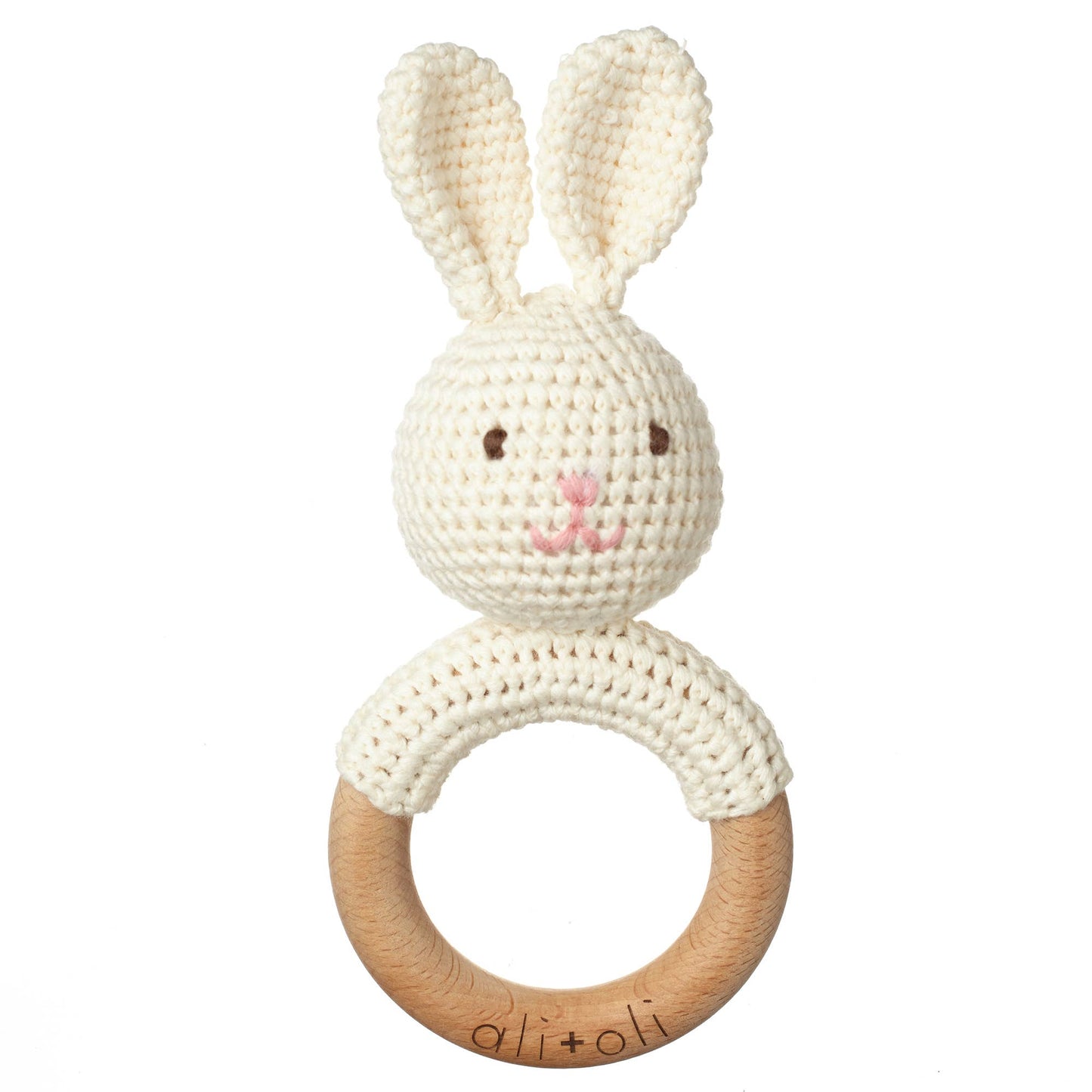 Baby Teething Toy Rattle Wood Ring Crochet